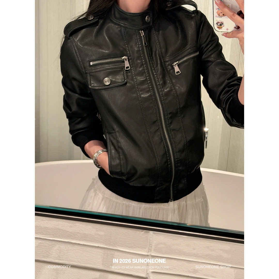 SUNONEONE【01.08 20:00】雨夜档案重工立领拼接罗纹皮衣外套H1755W