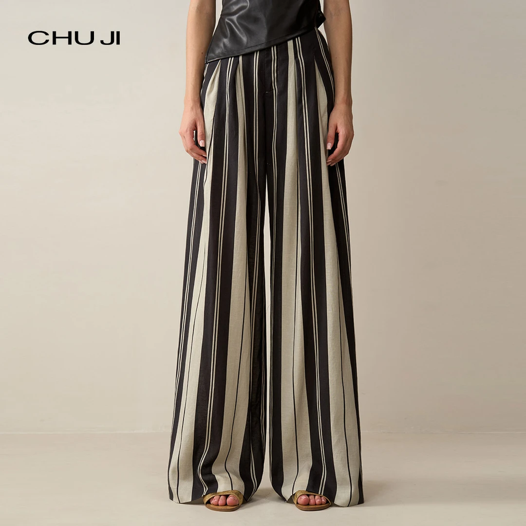 Chuji出迹 松弛无拘 条纹休闲阔腿裤女高腰天丝亚麻长裤-E1M2359K