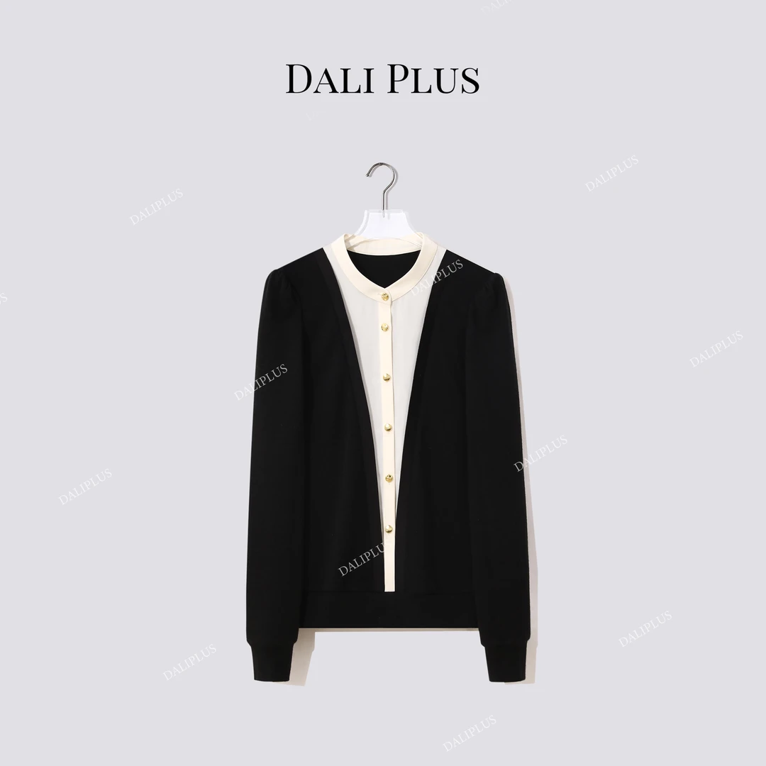DALI PLUS“假两件衬衫拼针织”立领排扣针织衫-D5ST1454