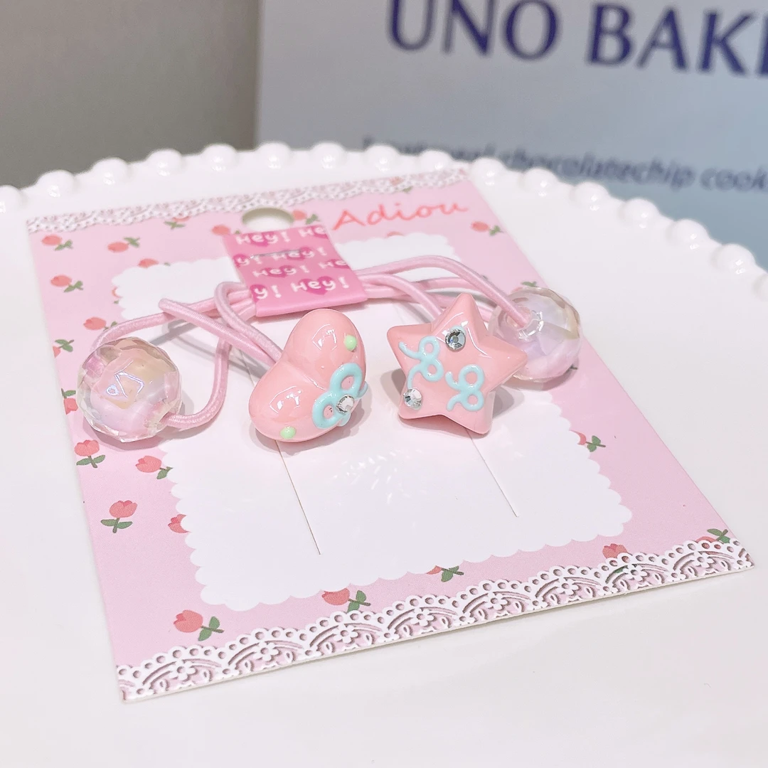 A-6453  ad 1对粉色爱心星星彩绘高弹力不伤发绕绕头绳      发圈