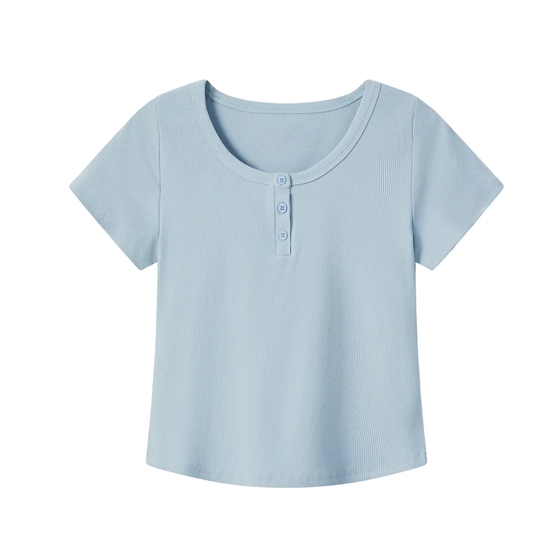 夏季新款显瘦时尚百搭短款修身纯色纽扣上衣T恤女-