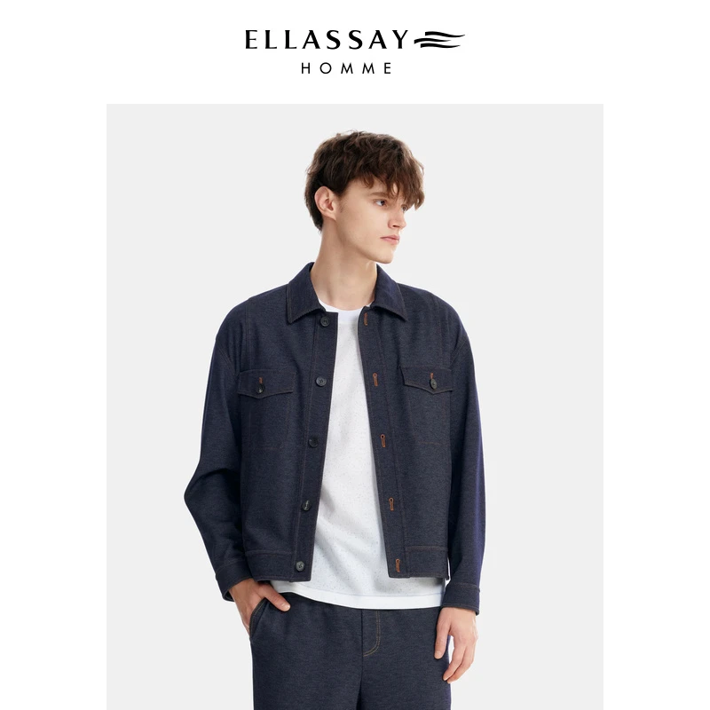 ELLASSAY歌力思男装春夏新款涤粘提花斜纹针织休闲夹克男