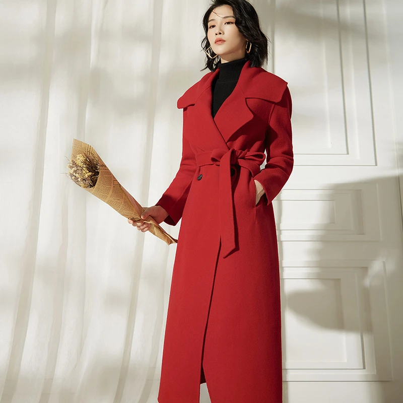FI2024年秋冬新款长款双面羊绒羊毛呢子通勤西装领显瘦大衣外套女
