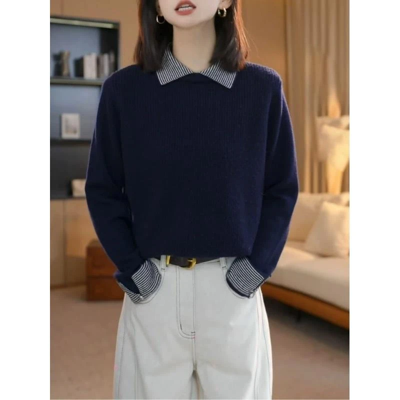 江JIANGZ 秋冬藏青色简约韩系假两件翻领套头针织衫内搭打底衫女