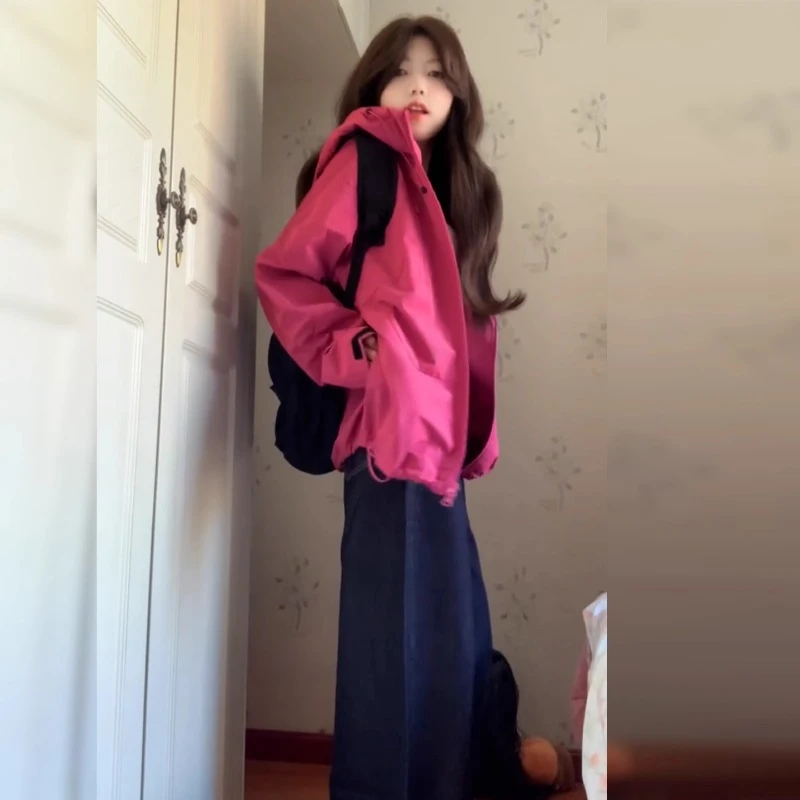 玫红色冲锋衣外套女款2025新款夏季巨好看防晒衣美式休闲登山服秋