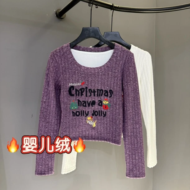 长袖T恤女冬季重工刺绣修身显瘦圣诞款内搭打底衫加绒上衣8034#