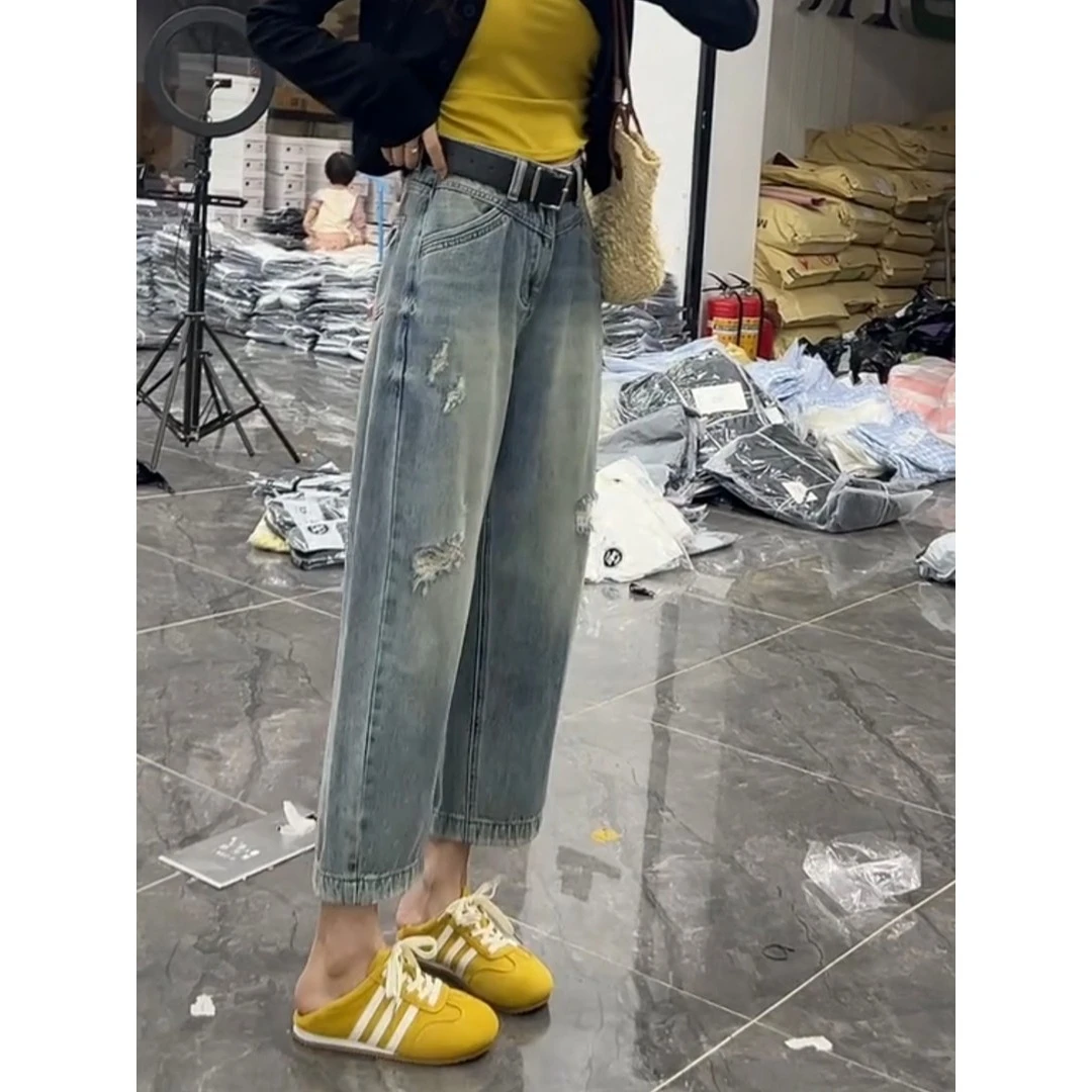 破洞复古牛仔裤女直筒新款高腰显瘦宽松阔腿裤弯刀夏季大码