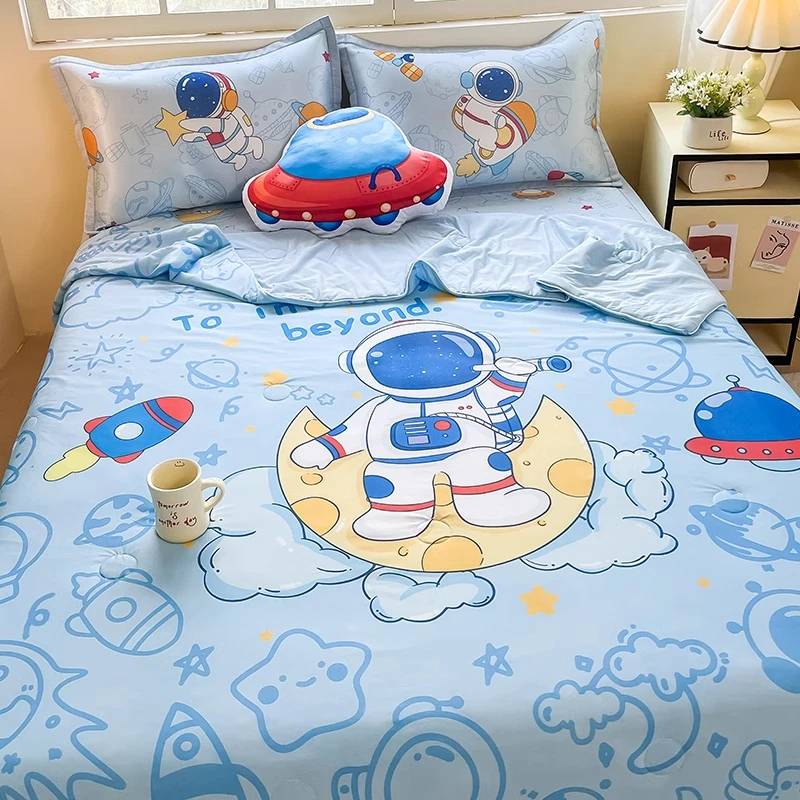 冰丝席夏凉被四件套夏季儿童卡通宇航员被套床单男孩床上用品三件
