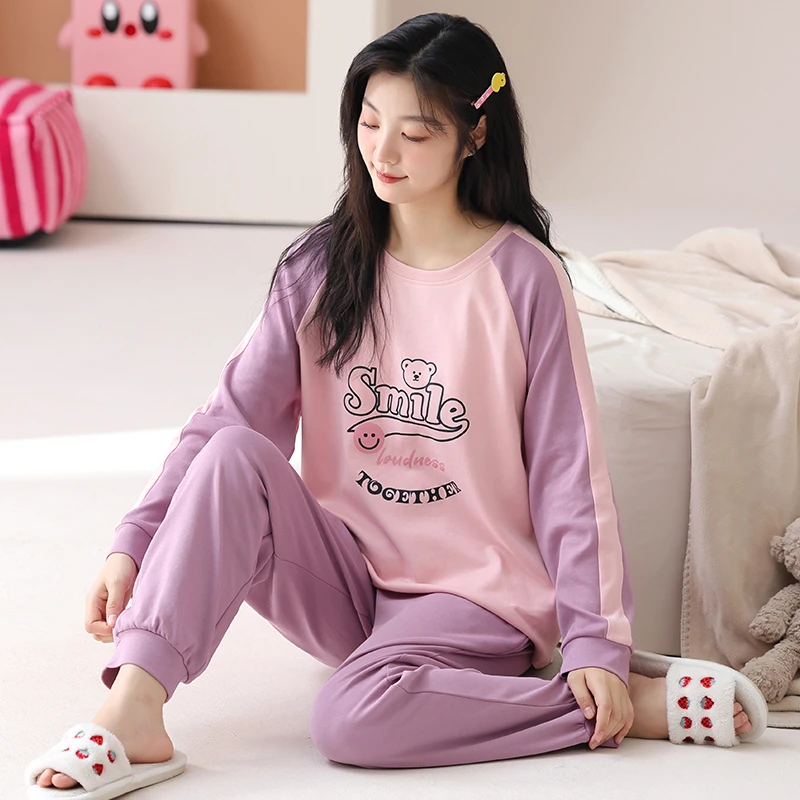 春秋季新款女士纯棉长袖长裤休闲大码韩版可外穿家居服睡衣套装