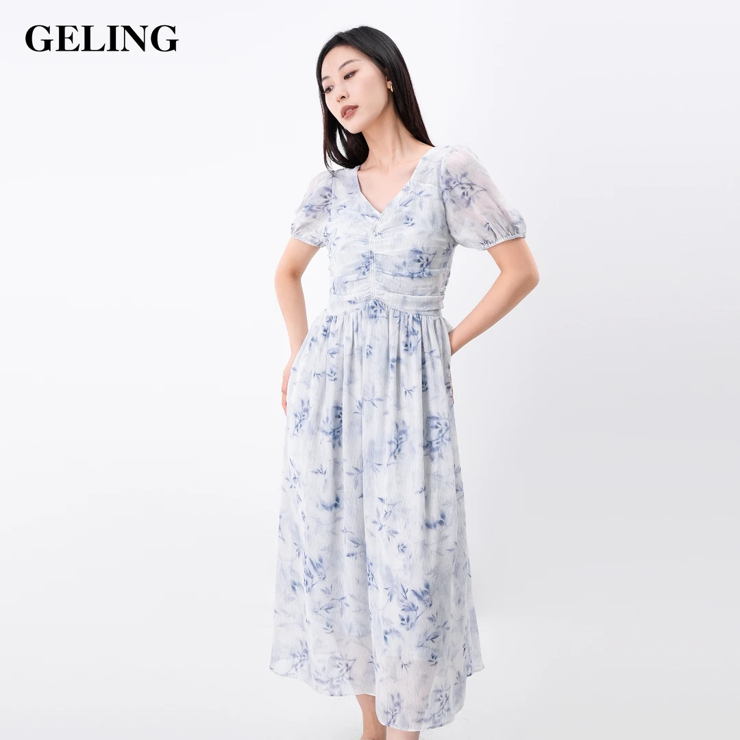 GELING/歌&玲夏季气质显瘦褶皱收腰优雅时尚长款连衣裙G504L352L