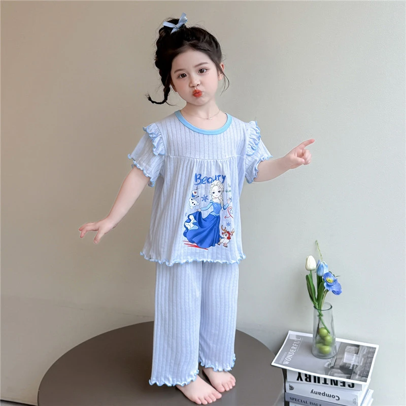 女童睡衣夏季纯棉女孩公主印花家居服套装薄款儿童宝宝空调服夏装