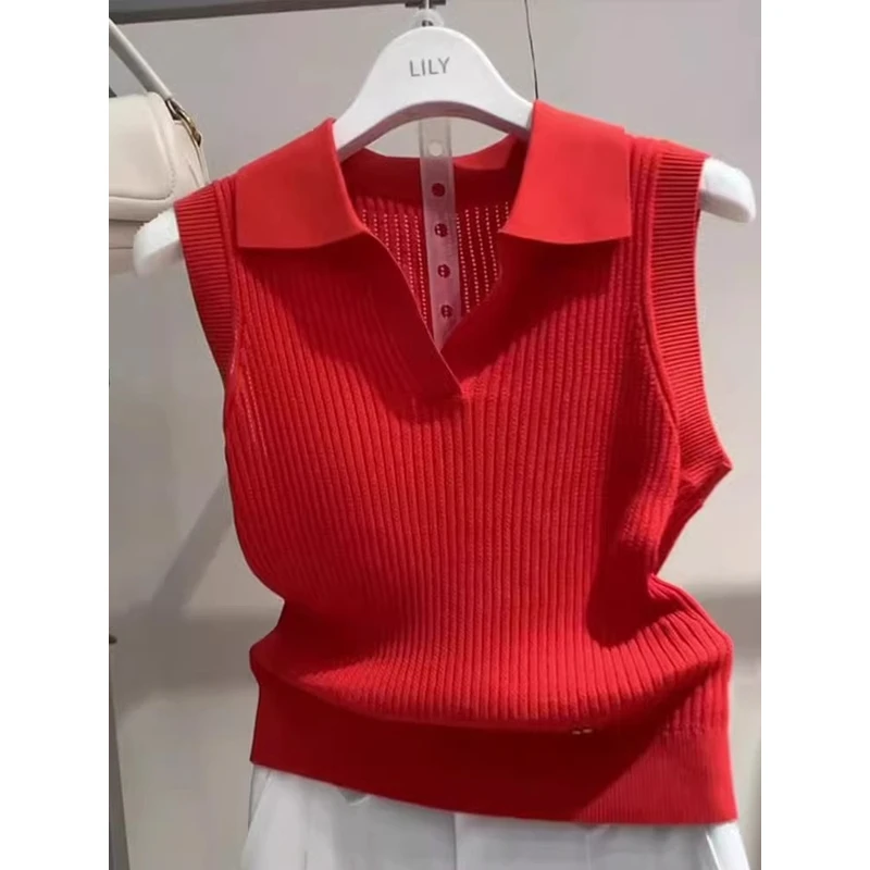 夏季新款红色Polo领无袖针织上衣女网红洋气小众背心独特漂亮小衫
