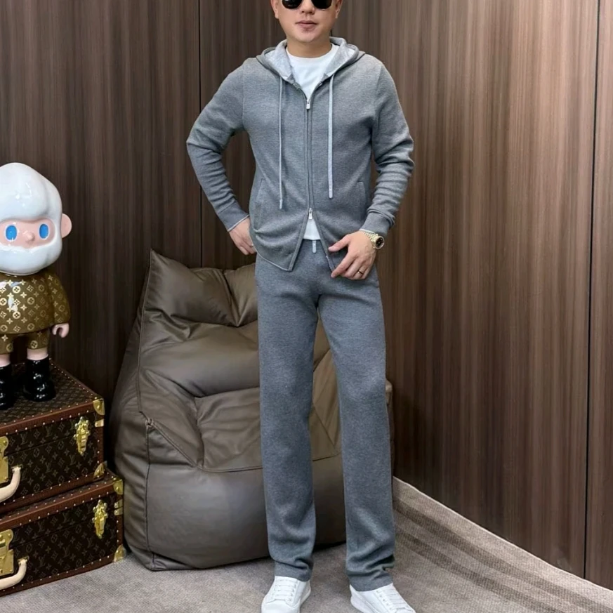 72052春秋季男士轻奢高品连帽休闲运动针织套装两件套百搭帅气范