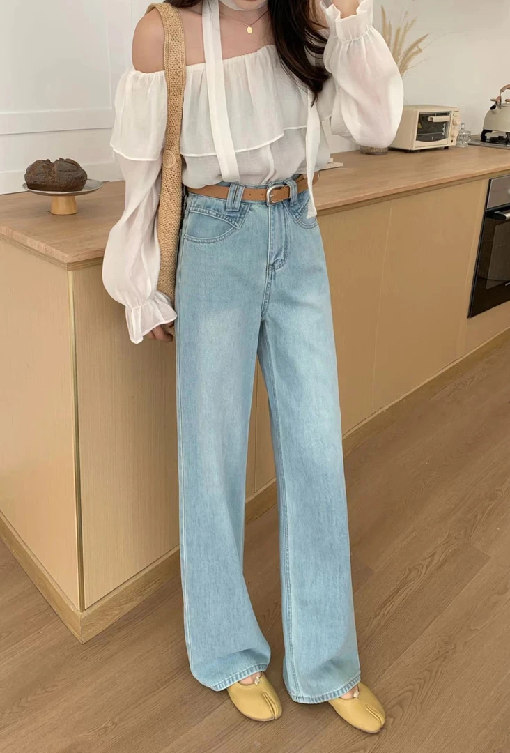 牛仔裤裤子阔腿裤高腰直筒宽松春秋显瘦蓝色时尚休闲百搭复古垂感