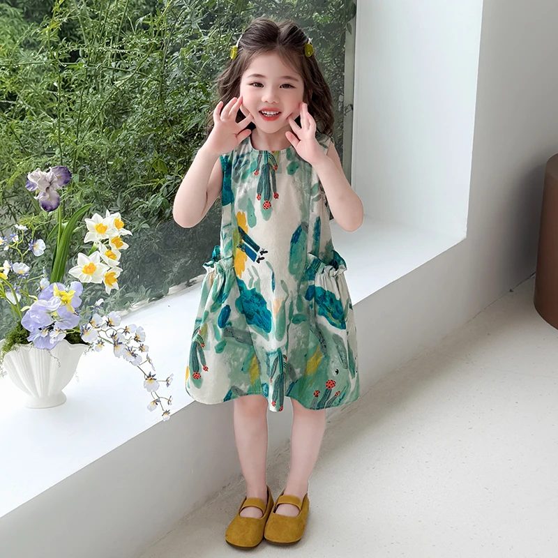 女童无袖连衣裙夏季2025新款洋气儿童背心裙薄款甜美宝宝棉布裙子