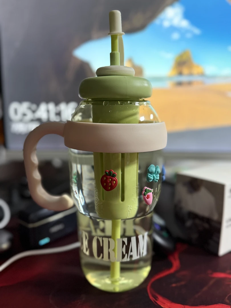 水壶吹塑吸管杯休闲风耐热玻璃杯可爱有手柄便携款