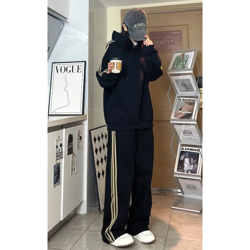 三条杠连帽卫衣情侣款美式潮牌运动上衣潮重磅百搭休闲外套直筒裤
