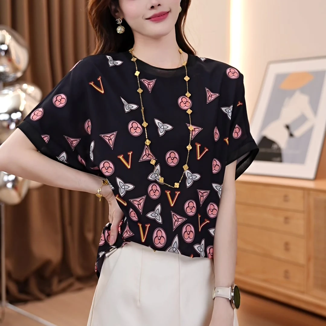 夏季时尚气质印花女士小衫洋气减龄宽松遮肚显瘦透气大码百搭上衣