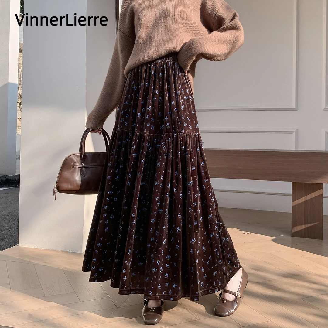 薇妮诺复古绒面碎花半身裙秋冬新款显瘦气质高腰遮肉a字裙