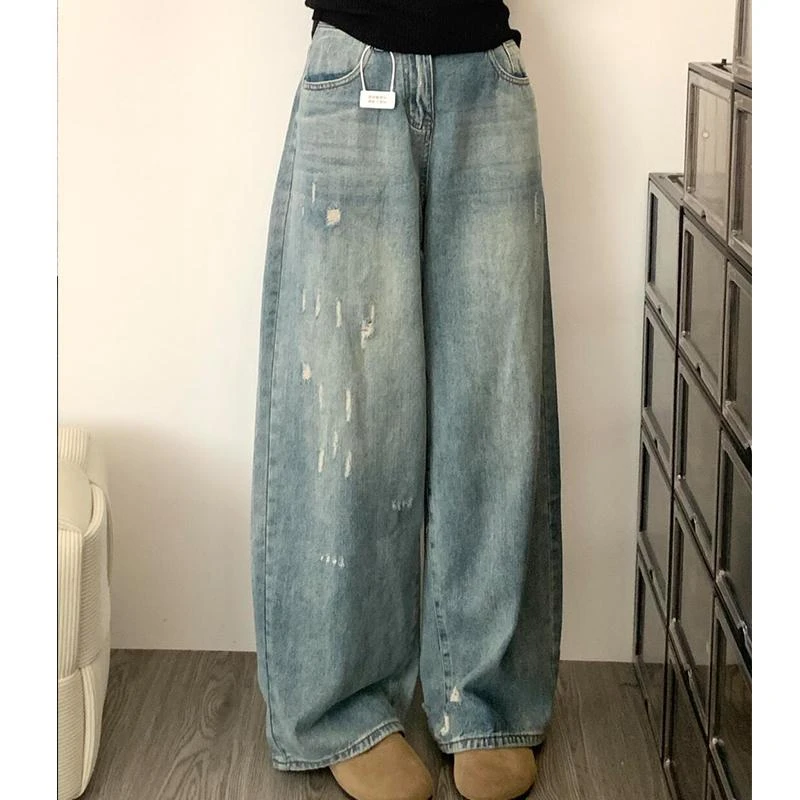 大码破洞牛仔裤女春季胖妹妹宽松显瘦直筒裤子女设计感小众阔腿裤