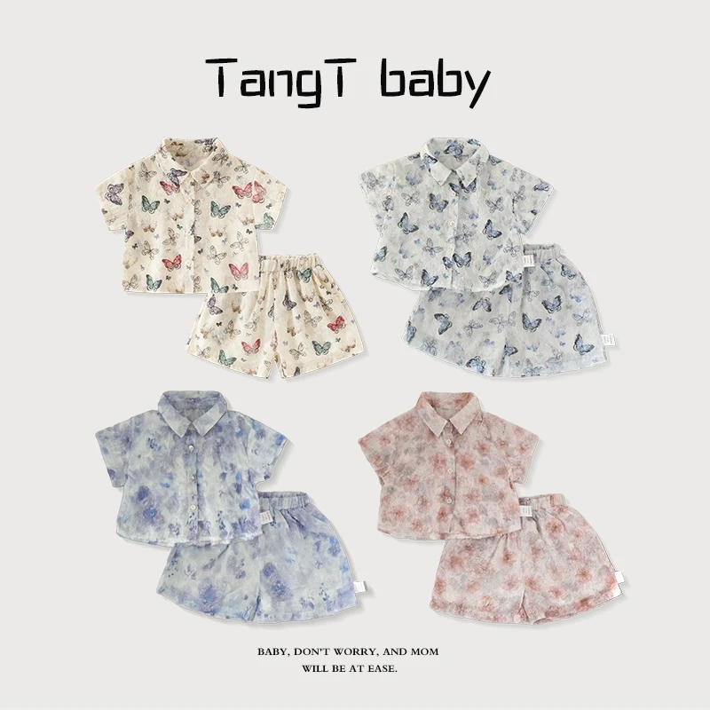 女童清新套装多花色印花衬衫短裤配套柔软舒适夏季婴幼儿夏天衣服