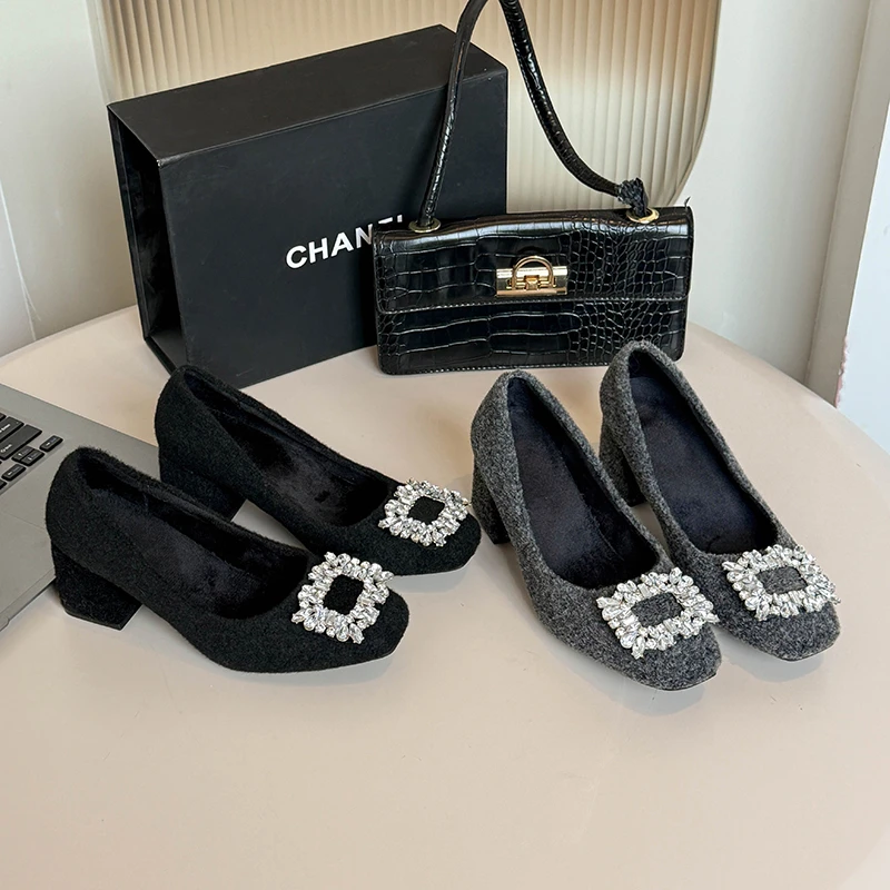 7cm方头浅口粗跟高跟鞋单鞋软底气质黑色工作鞋气质百搭单鞋