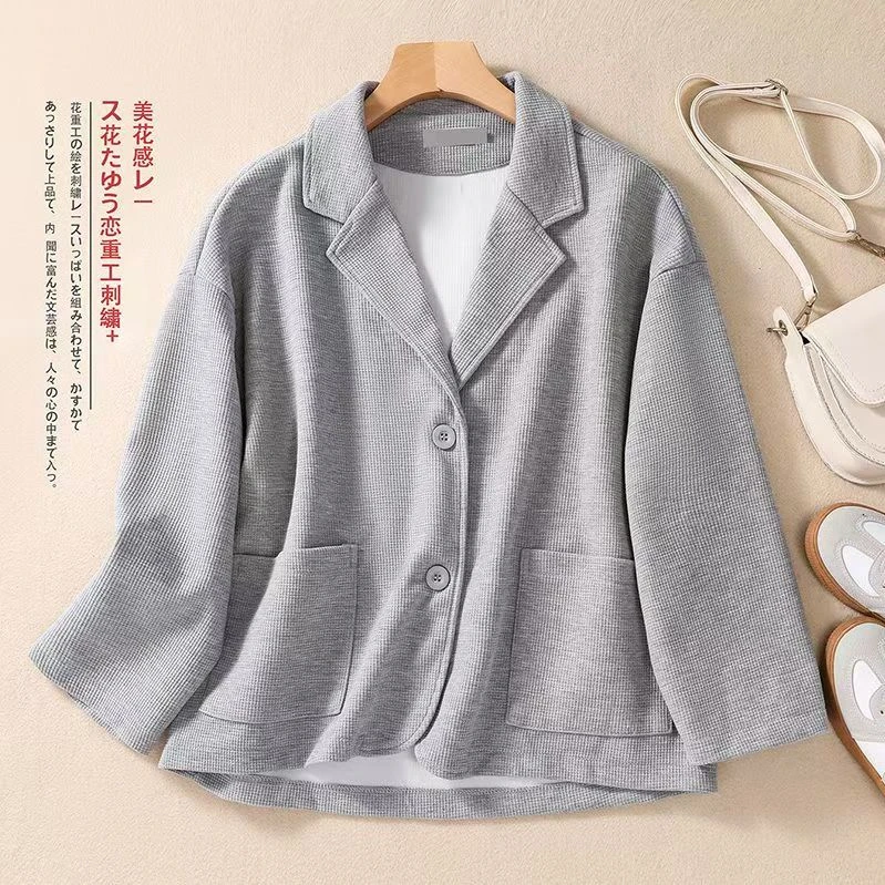 8237意大利外贸出口秋冬季新款华夫格西装领外套短款宽松百搭