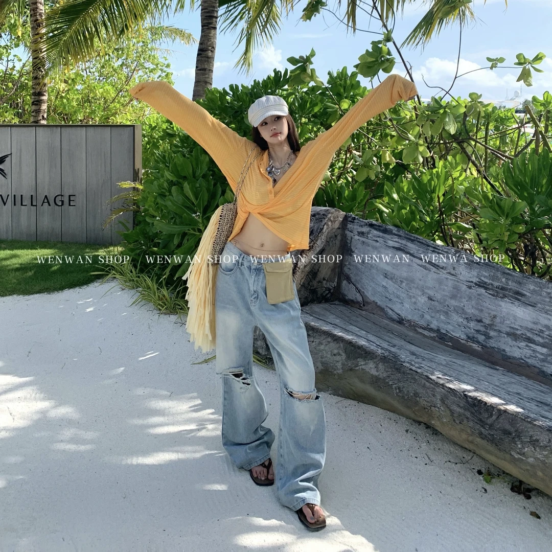 【斯哈牛仔】水洗磨破设计宽松阔腿牛仔裤