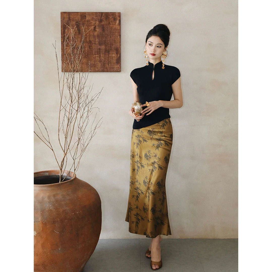 新中式国风黑色上衣复古半身裙高腰显瘦气质重工国风套装裙两件套