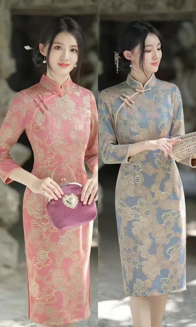 秋冬日常单旗袍新中式长袖中国风麂皮绒银杏叶图案旗袍
