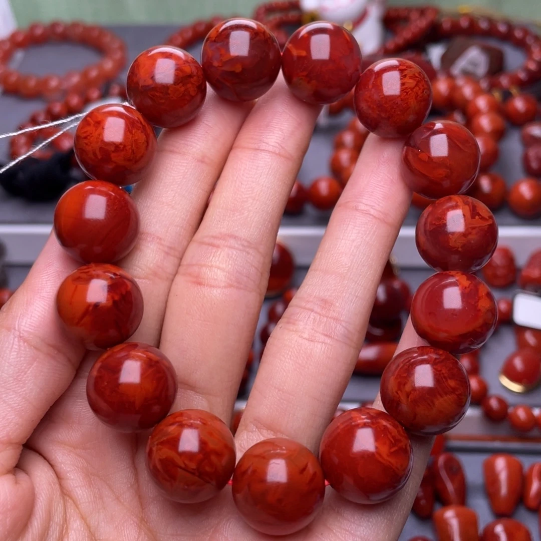 南红玛瑙未镶嵌其他高品）瓦西玫瑰红妖火焰圆珠手串