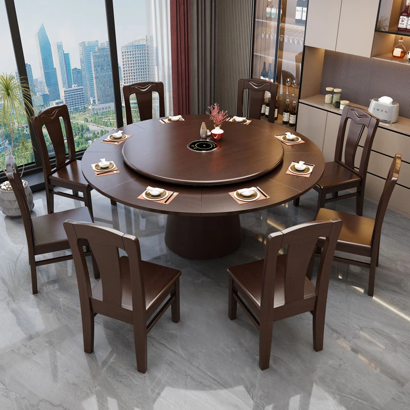 旋转伸缩餐桌全实木可变大圆桌带转盘多功能餐桌椅组合家用小户型