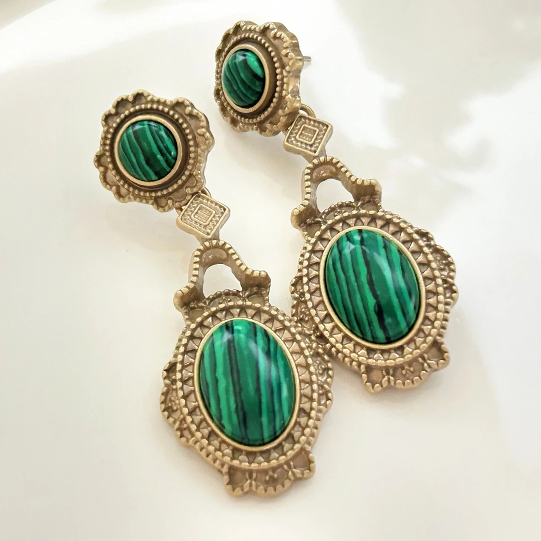 铜合金耳饰  3826西洋中古风vintage复古宫廷做旧绿色耳环
