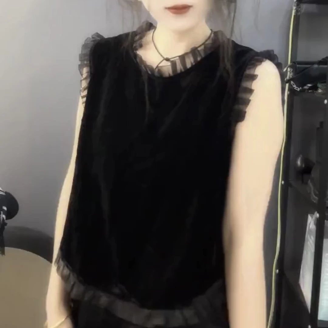 丝绒无袖欧式拼接轻熟风圆领蕾丝T恤网红气质cleanfit风