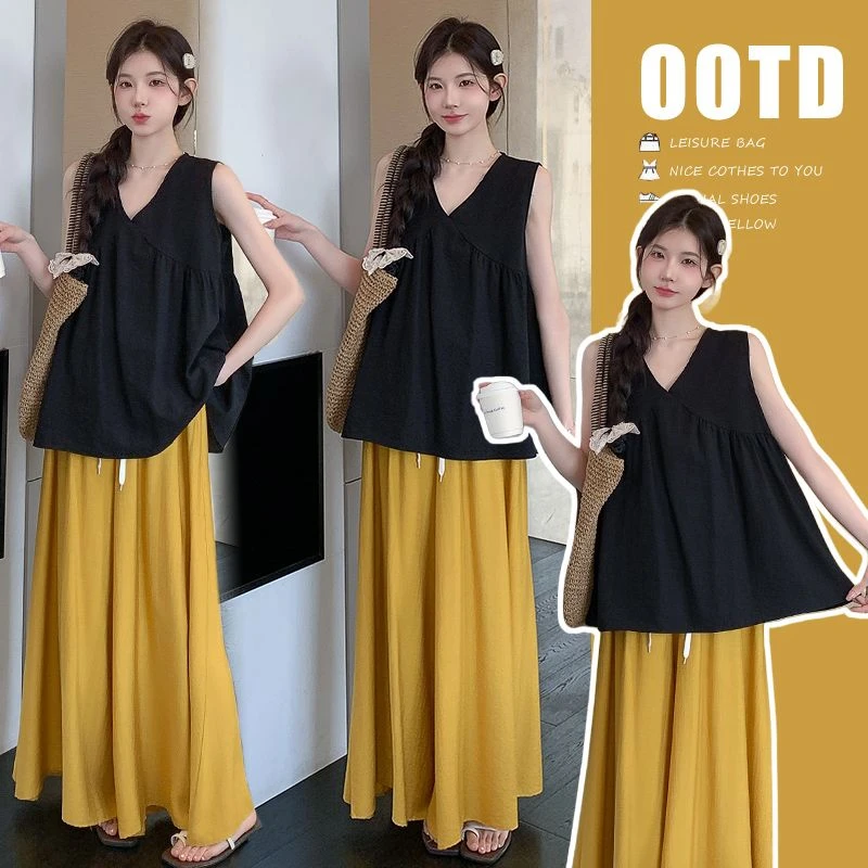 【枫丽】2025夏季新款孕妇气质简约无袖背心上衣猪鼻扣抽绳阔腿裤