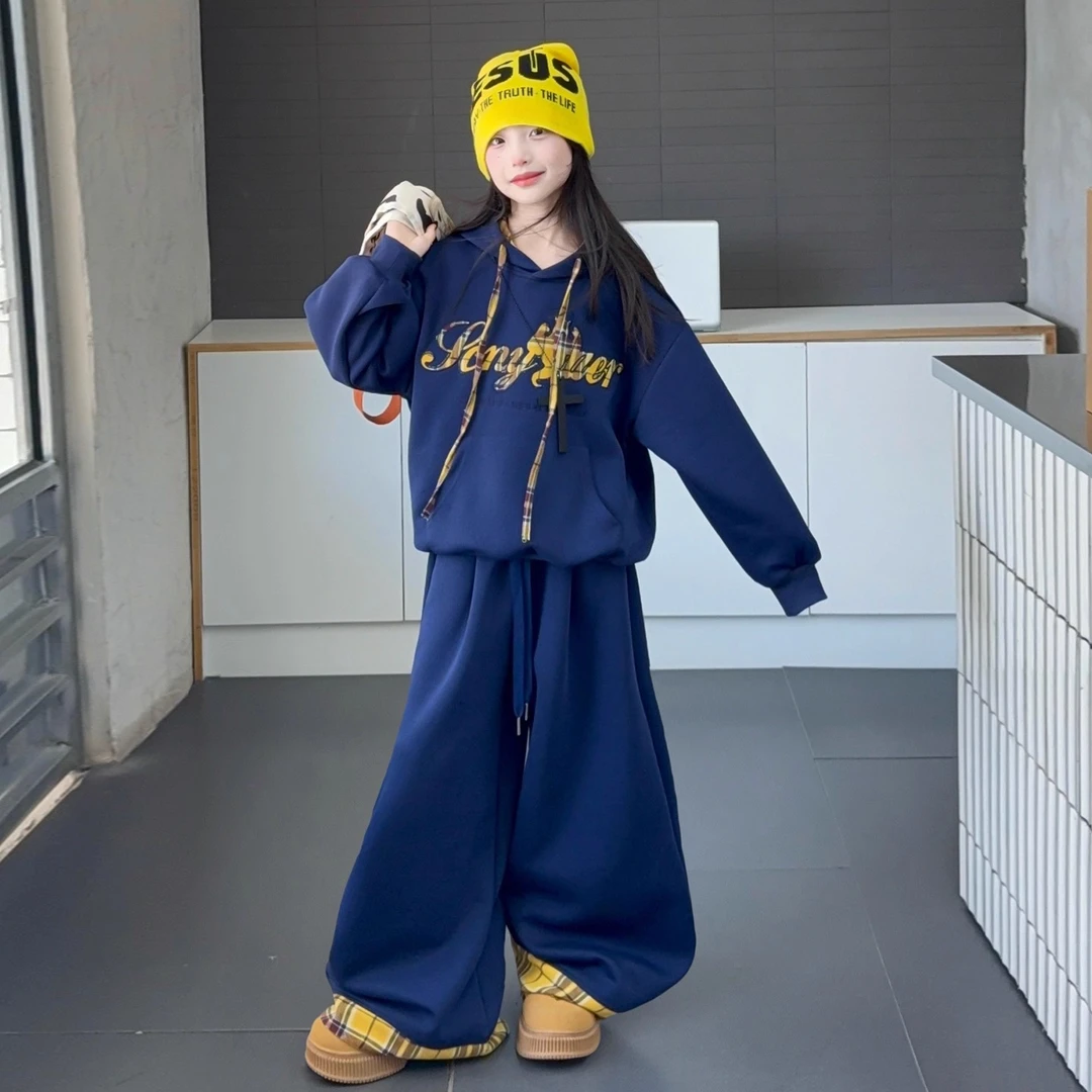 女童套装2025新款秋装儿童洋气时髦中大童韩版连帽卫衣拼格子套装