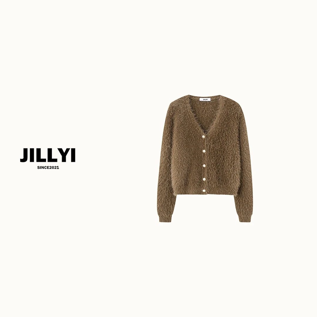 JILLYI【暖冬夜曲】深棕色V领珍珠单排扣时尚百搭针织开衫