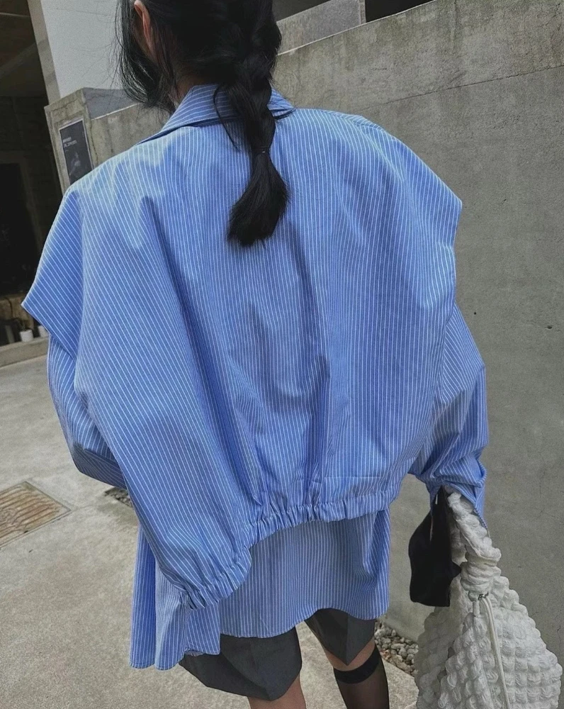 实物纯色没有条纹（ 韩版蓝色小众大码衬衫衬衫）