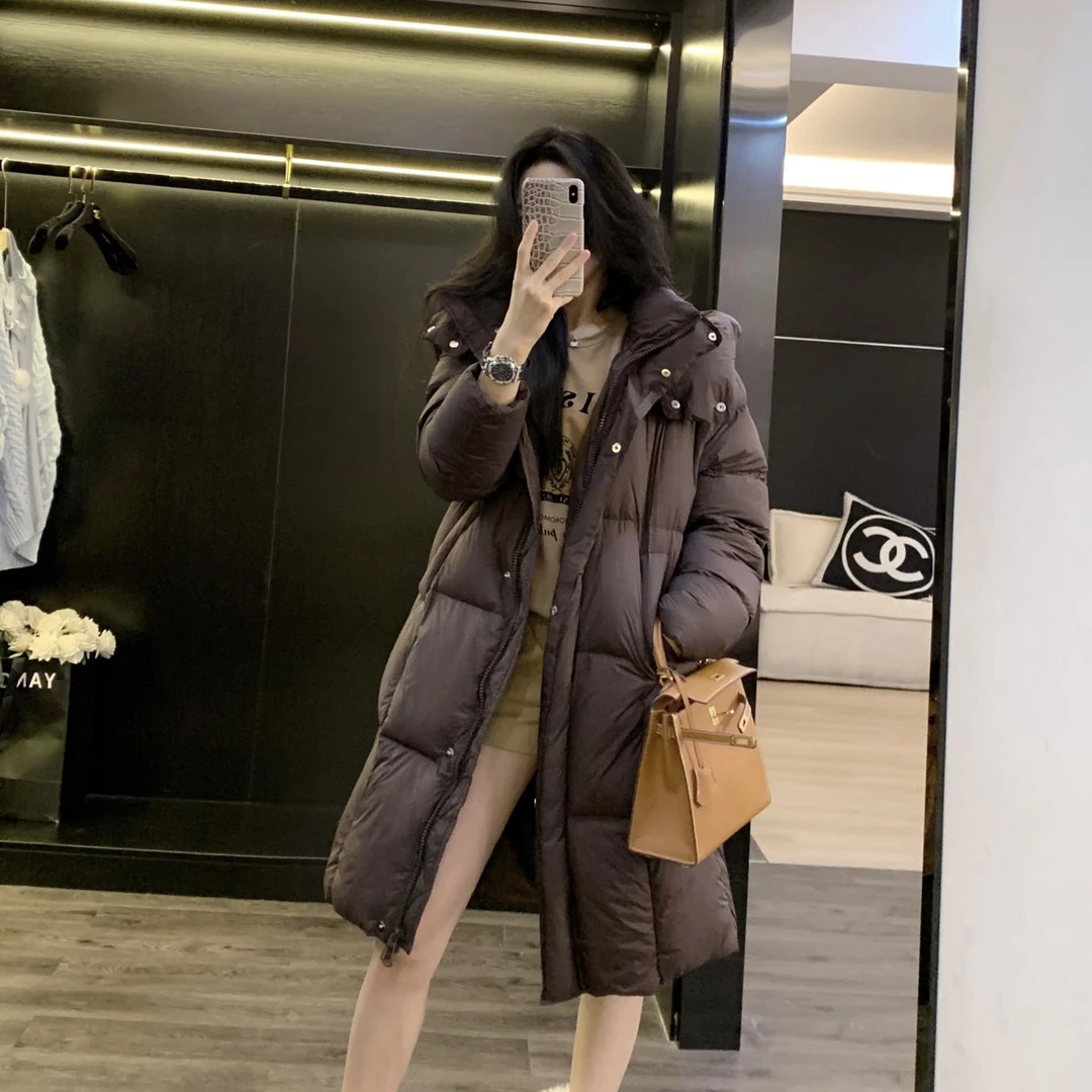 中长款连帽羽绒服女2024年冬季新款加厚保暖面包服过膝绒外套