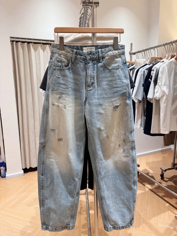 重磅纯洗水破洞老爹牛仔裤
