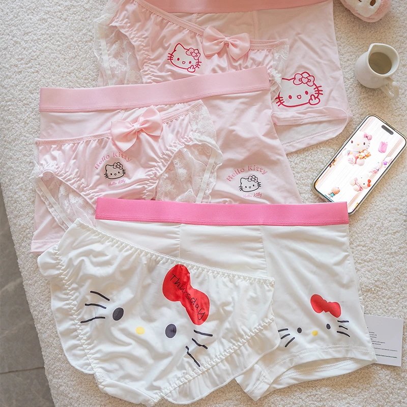 KT喵合集~卡通情侣内裤冰丝薄款一男一女粉色可爱蕾丝三角平角裤