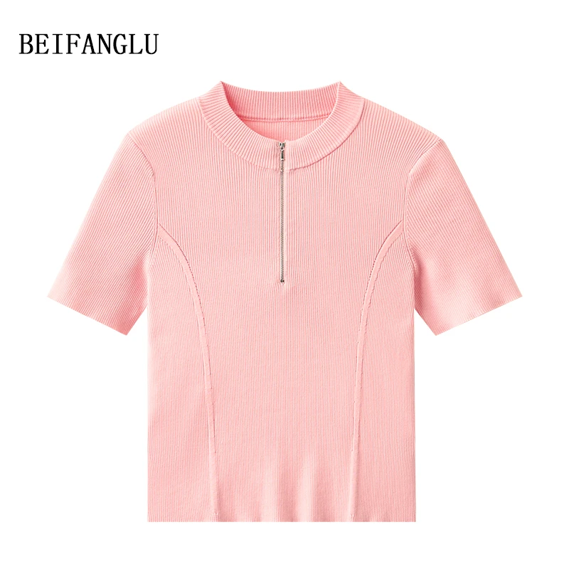 北方鹿专柜高货/莱赛尔醋酯桑蚕丝法式简约拉链显瘦针织短袖32027