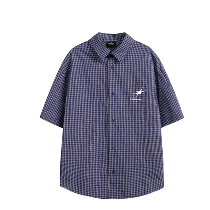 潮牌撞色格子cleanfit短袖衬衫男女宽松情侣百搭衬衣-CS48