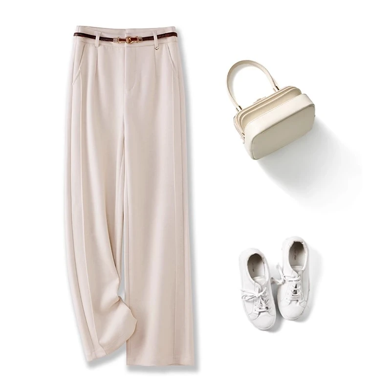 醋酸加绒羊毛呢阔腿裤女秋冬季新款2025高腰显瘦窄版直筒休闲裤子