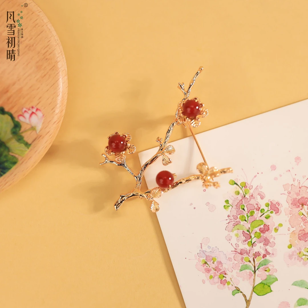 风雪初晴【新粉浮力】红梅胸针发簪手工原创设计古风汉服可爱