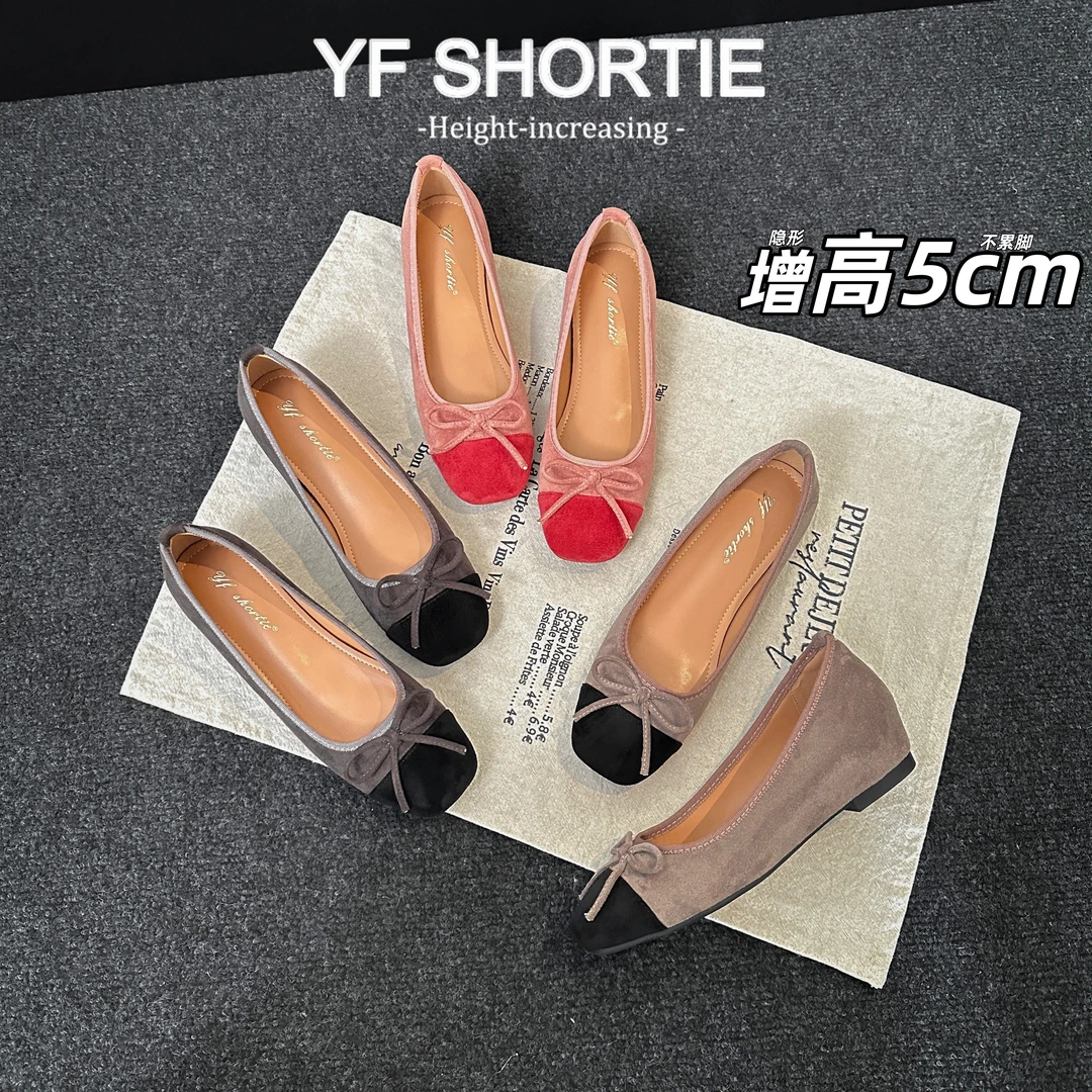 增高5CM蝴蝶结拼色方头玛丽珍鞋女2025新款法式绒面舒适软底单鞋