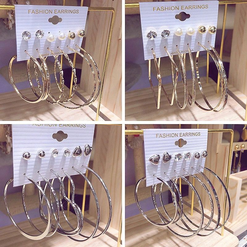 铜合金耳饰 6对装气质时尚百搭个性夸张防过敏设计感耳钉欧美风格