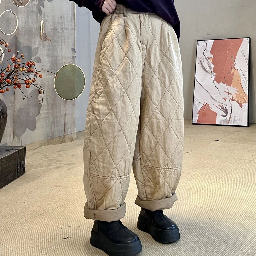 忆古朴拙251027亚麻色织撞色腰冬季保暖休闲九分棉裤