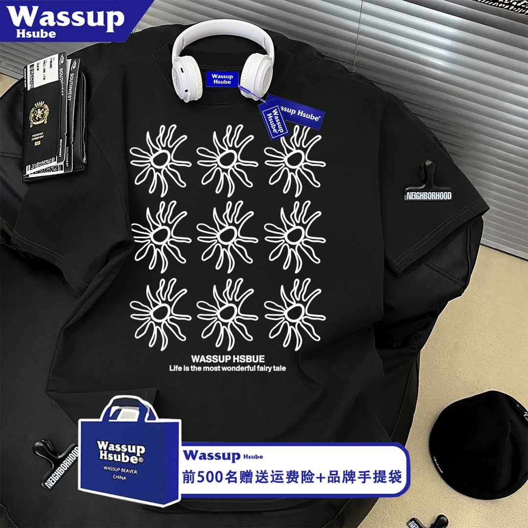 WASSUP HSUBE韩版潮牌太阳花印花纯棉短袖T恤男女夏季宽松上衣服