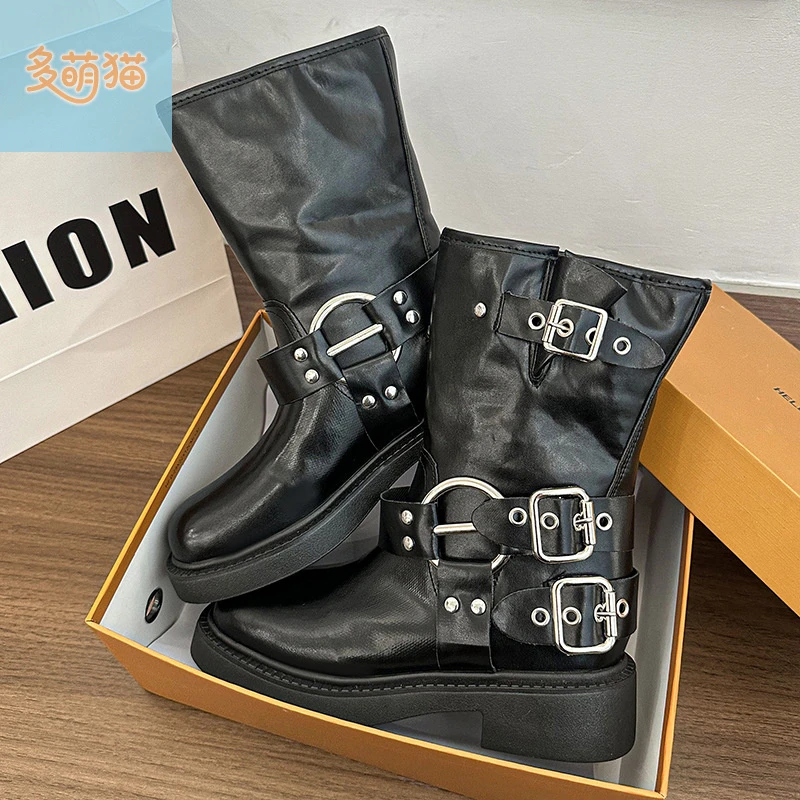 2025新款软皮复古美拉德粗跟西部短靴女秋新款马丁靴机车骑士靴子